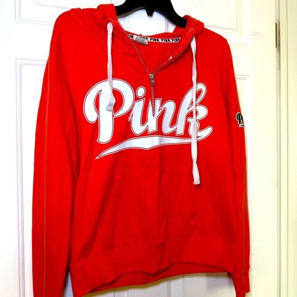 Pink Victoria Secret 1/4 Zip Orange Pullover Sweatshirt Size Medium Emblem - Picture 1 of 7